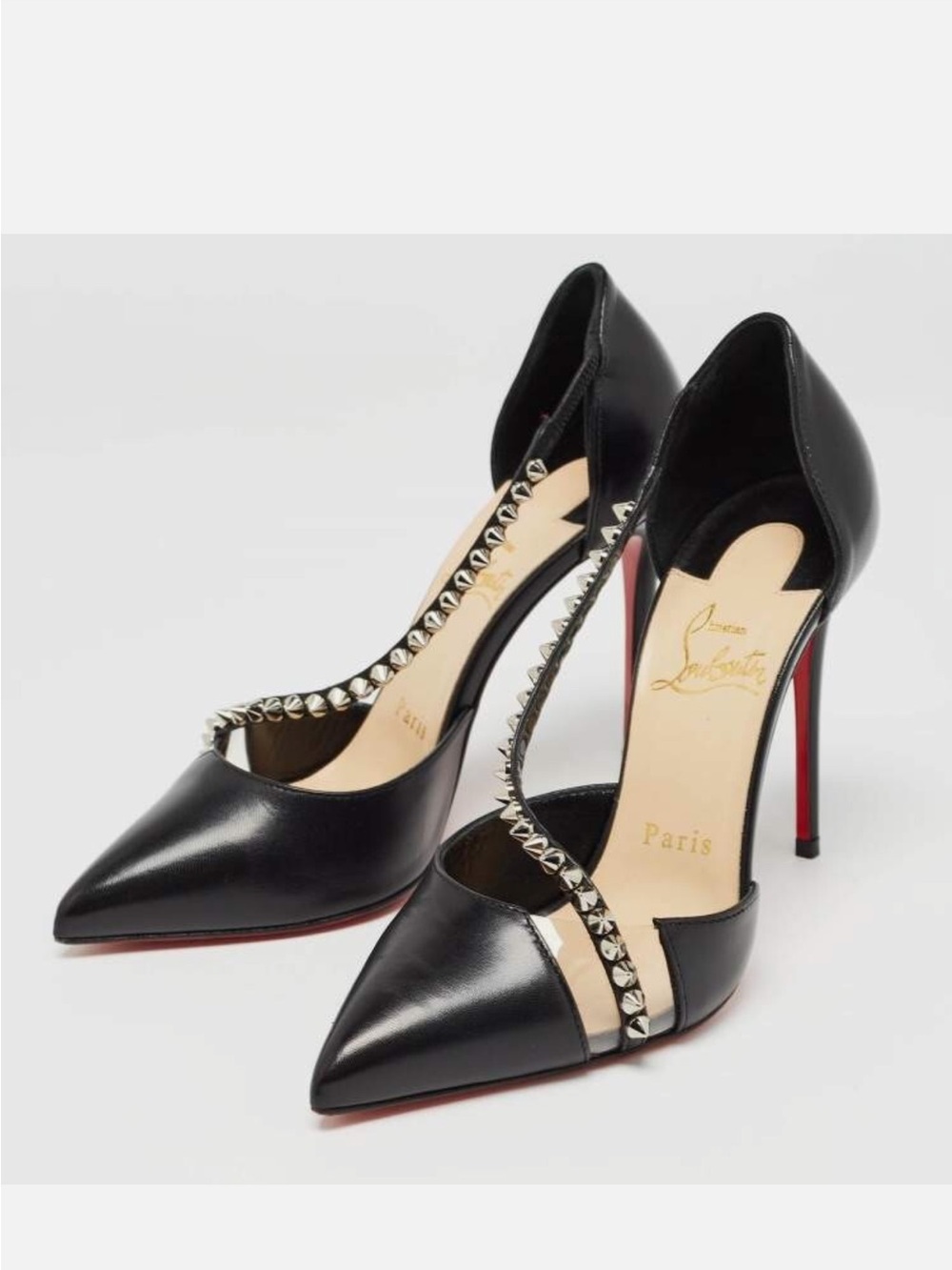 Christian Louboutin Black Leather Pointed-Toe Studded Pump with Red Sole